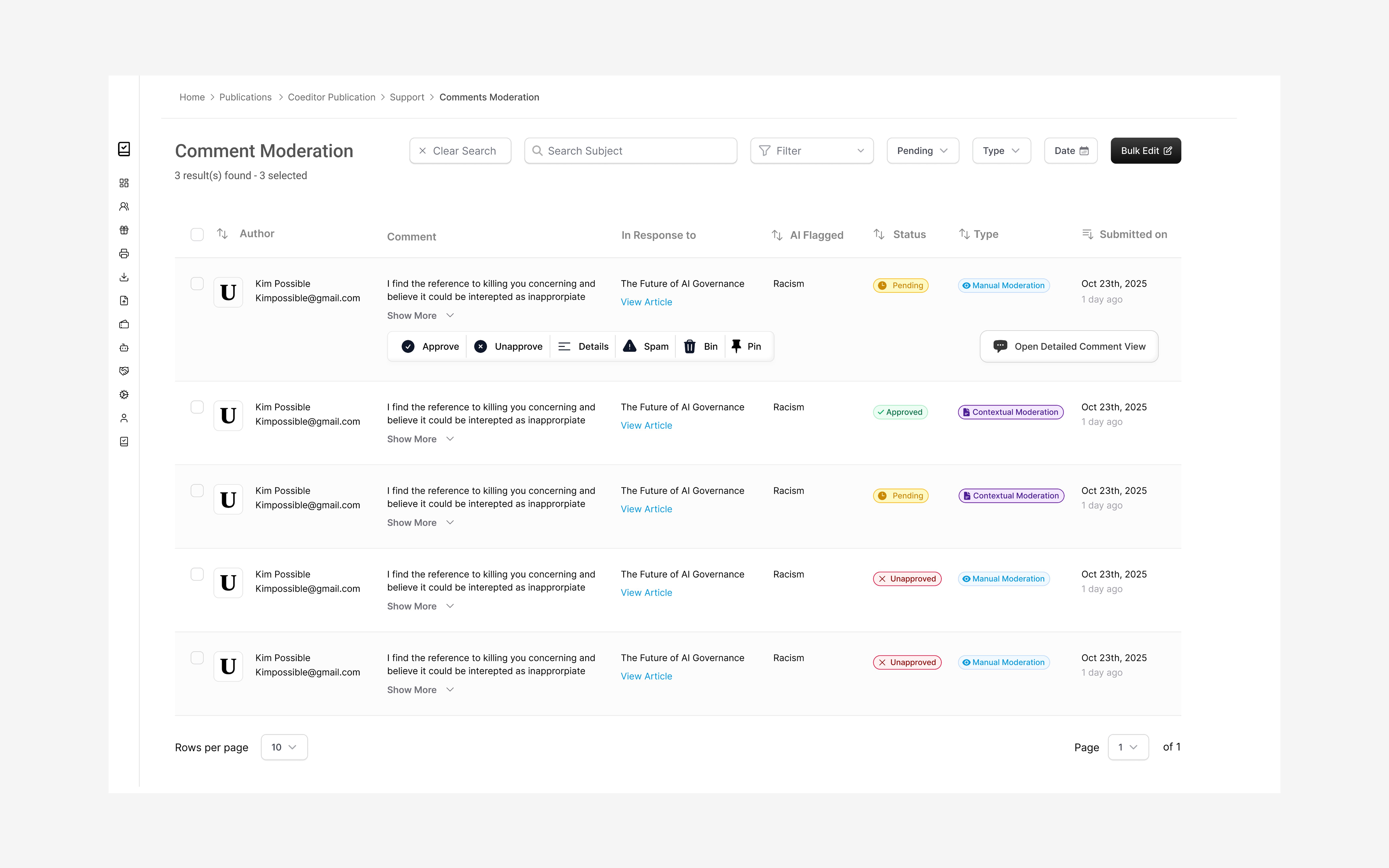 Comment moderation dashboard with a table of flagged comments
