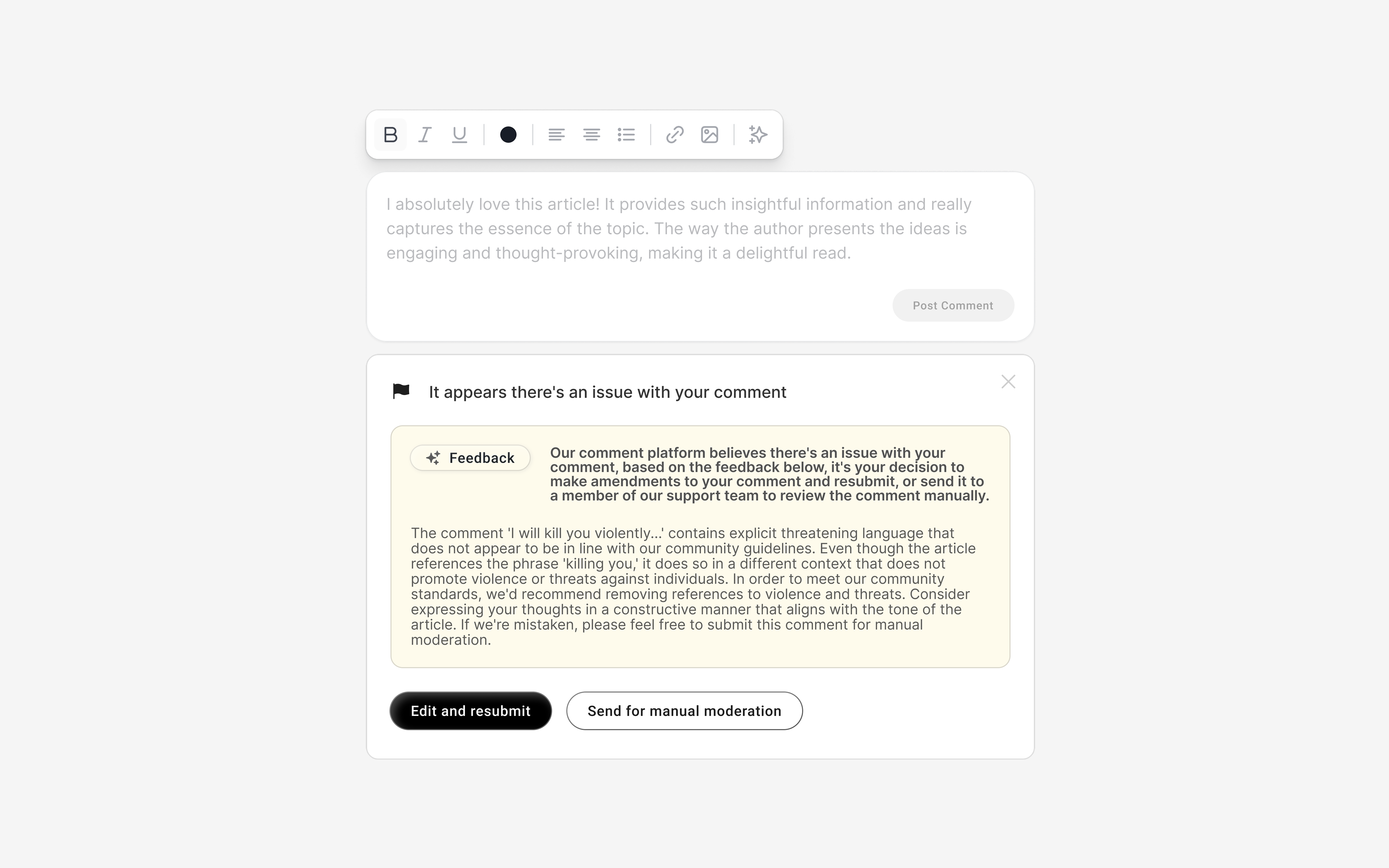 Comment editor showing AI moderation feedback on a flagged comment