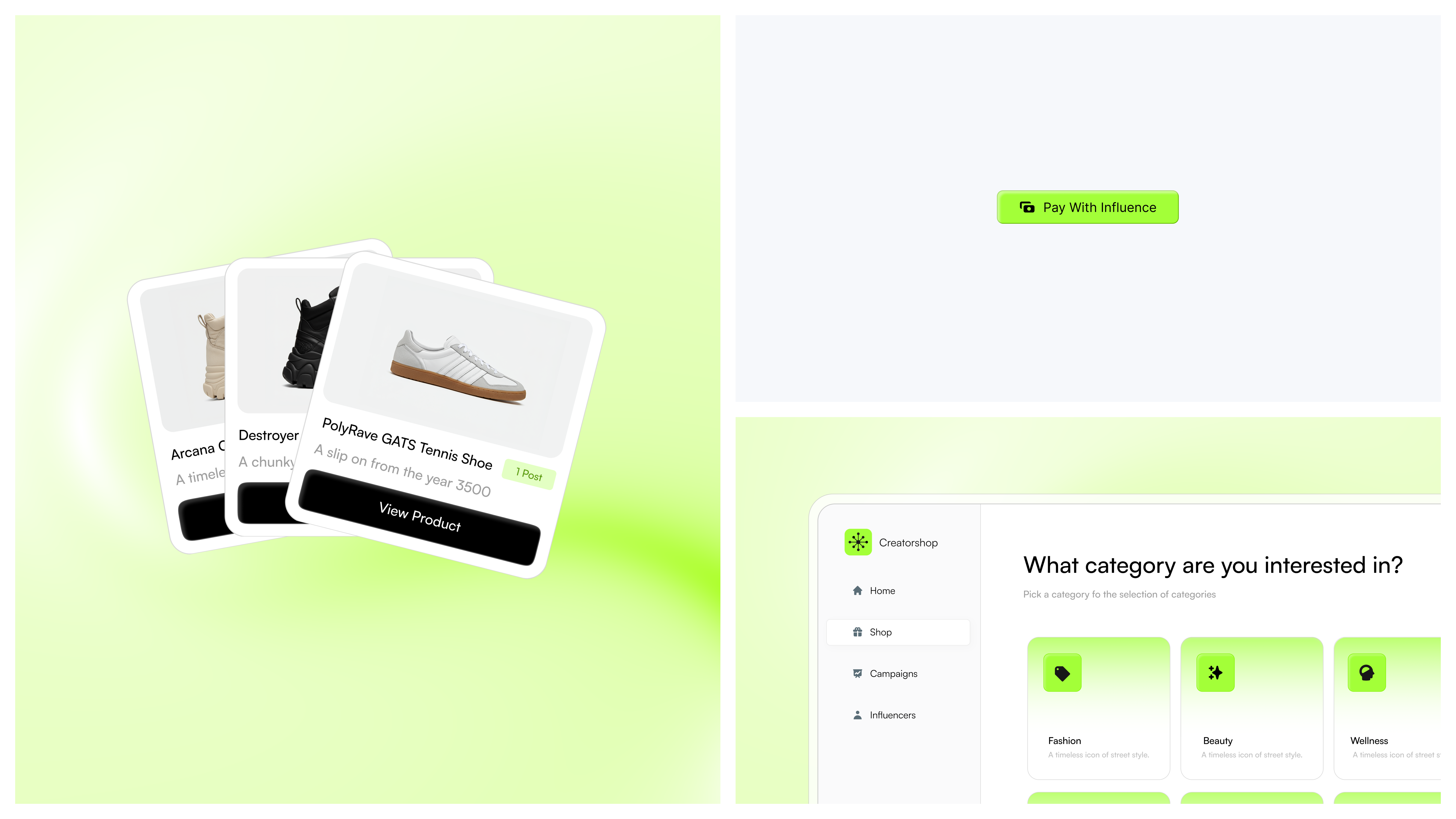 Identity exploration board with product cards, a Pay With Influence button, and category selection that informed the second waitlist site