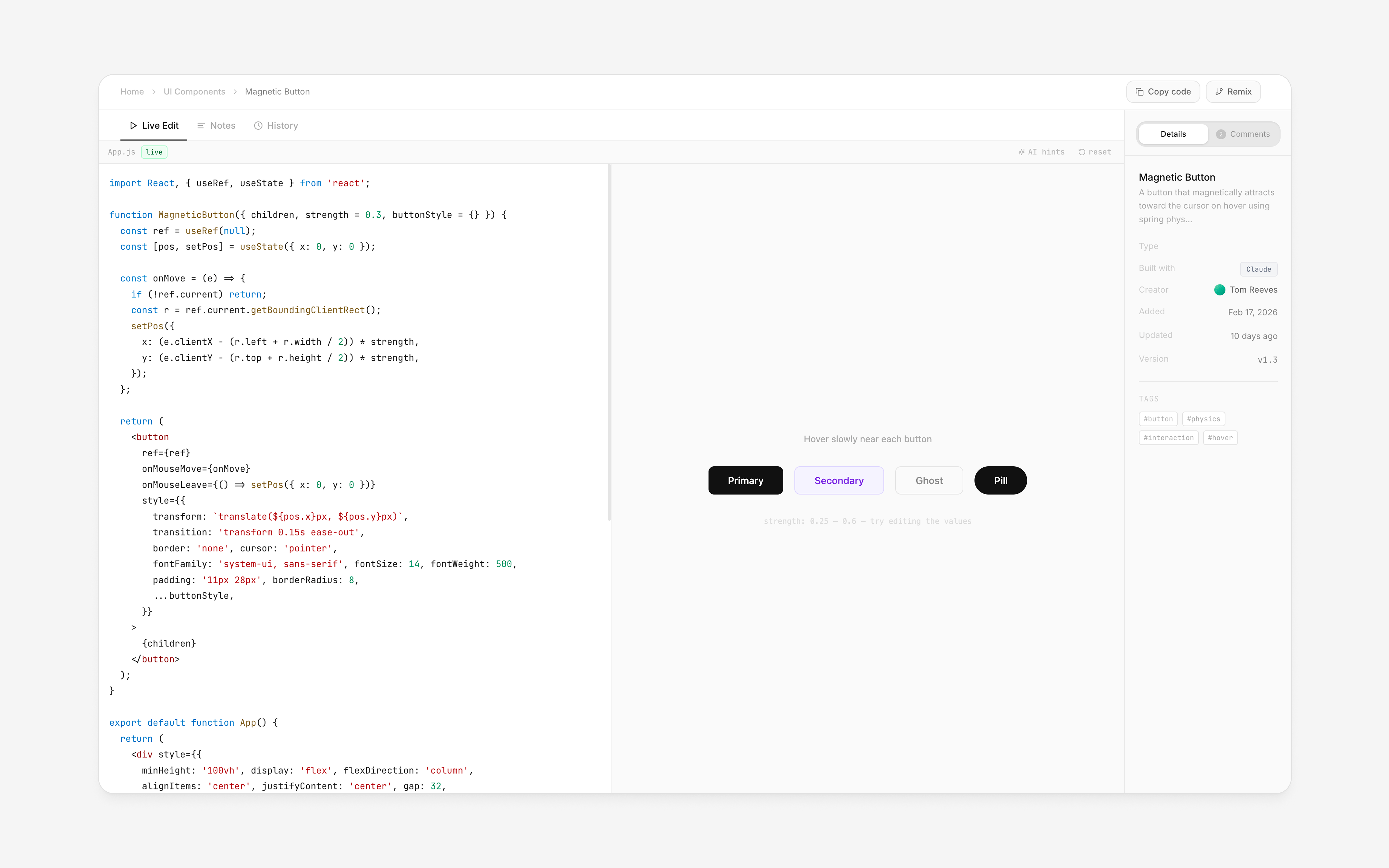 Pixel Vault coding sandbox showing the Magnetic Button component