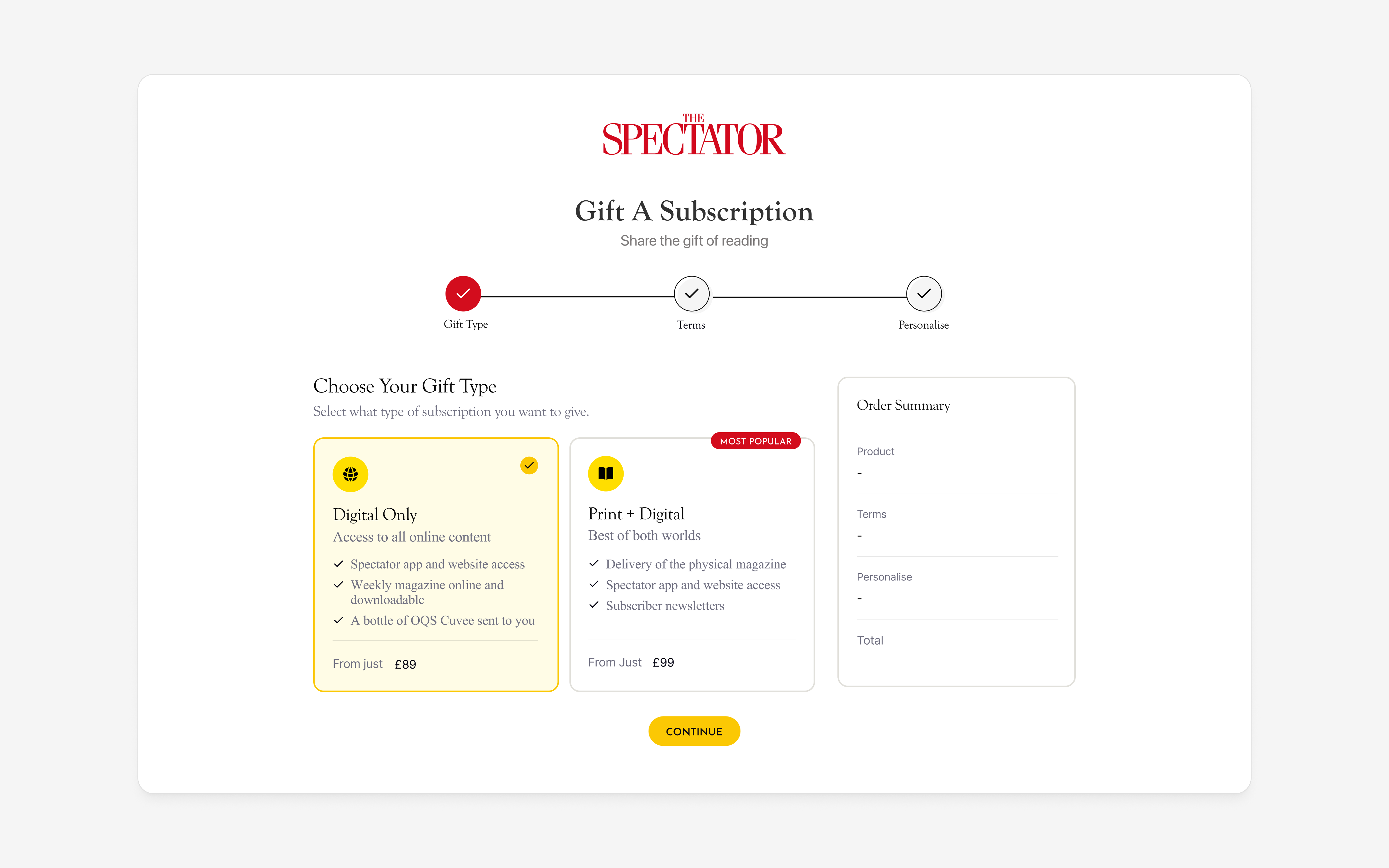 Gift subscription type screen with digital only selected