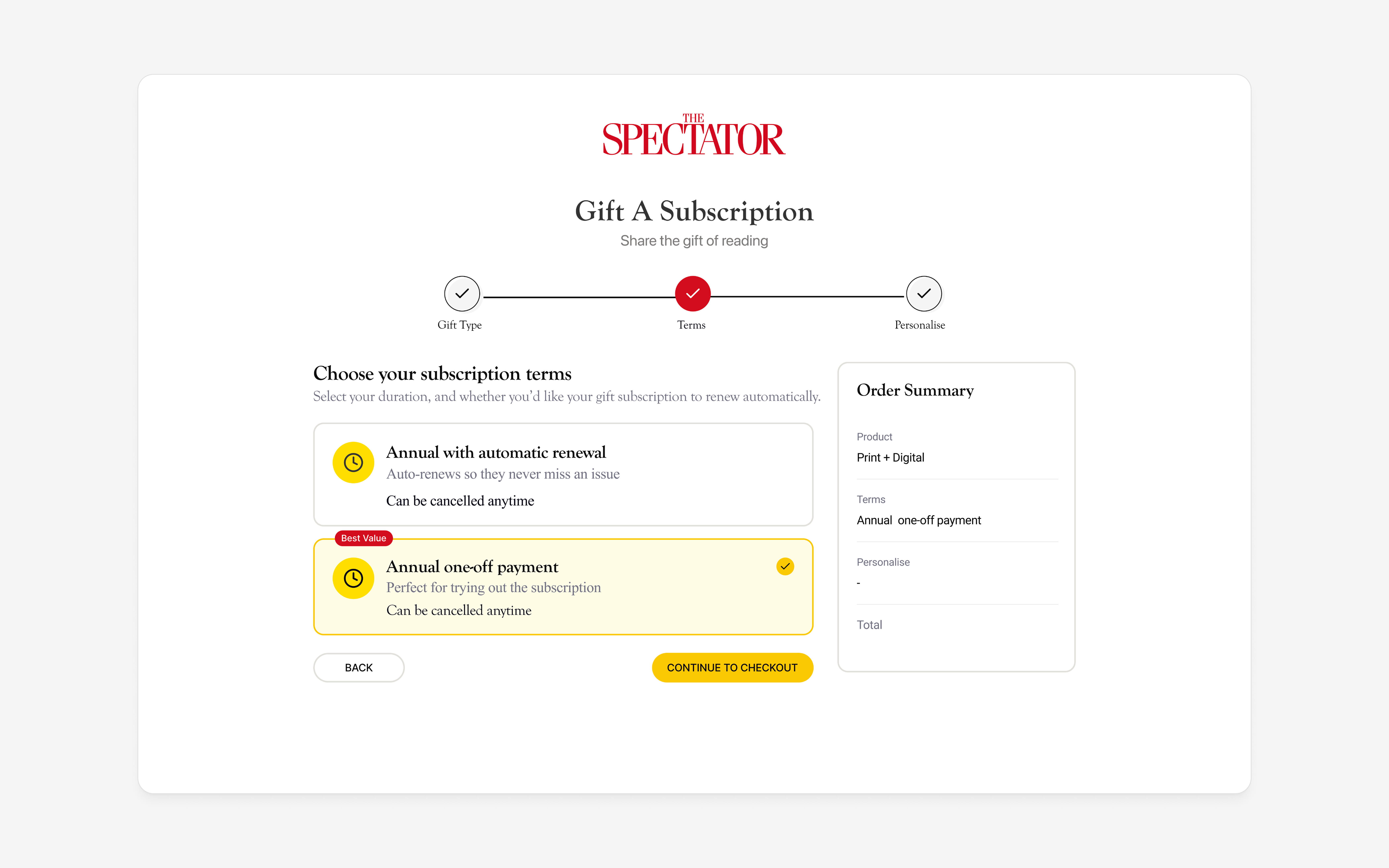 Gift subscription terms screen with annual one-off payment as best value