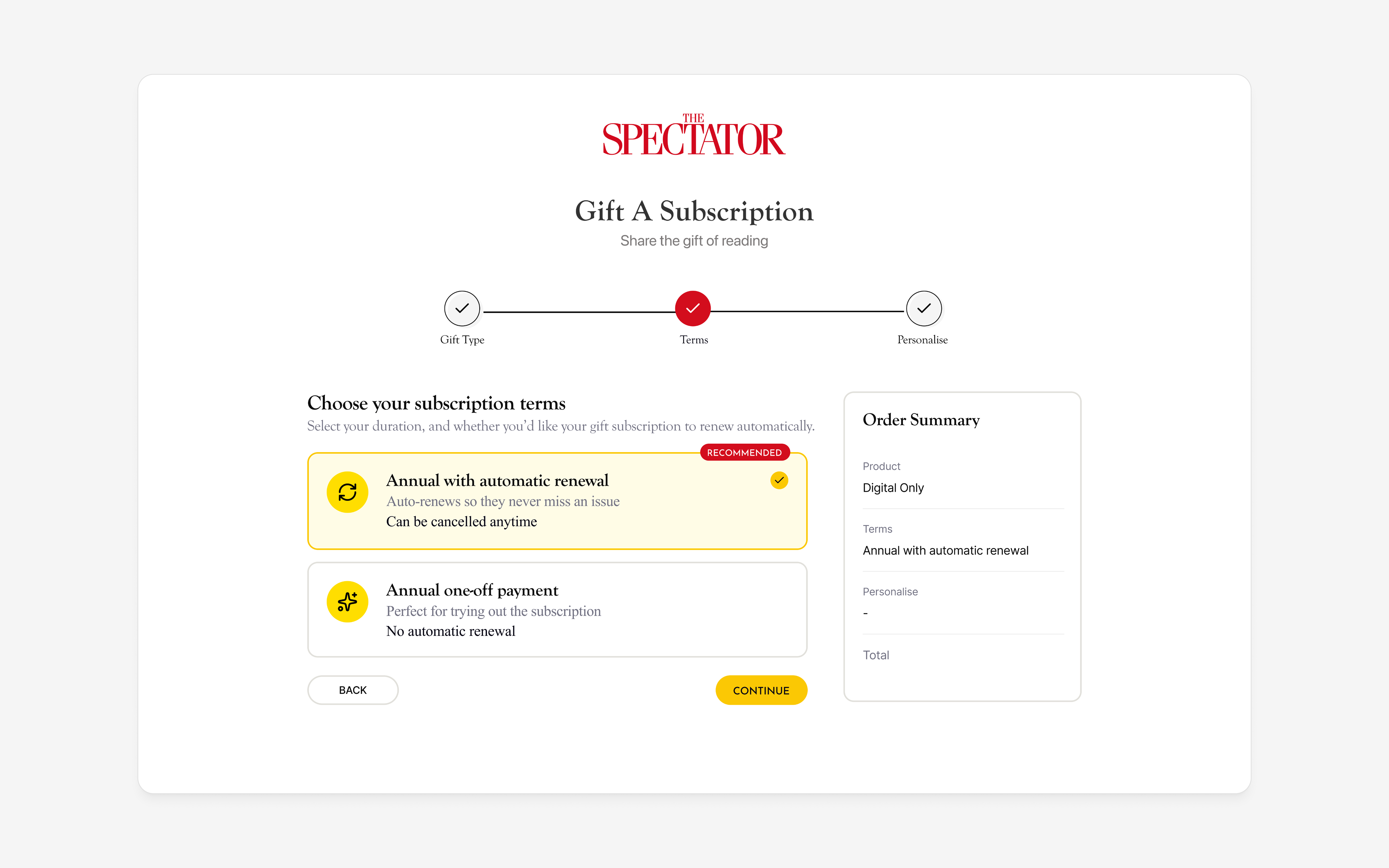 Gift subscription terms screen with annual automatic renewal recommended